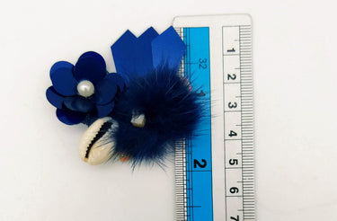 Hand Embroidered Blue Applique With Cowrie Shell, Sequins,Pearl and Feather Pom Pom